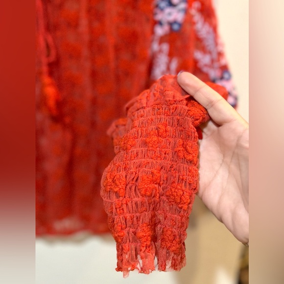 Free People Embroidered Orange Lace Blouse Sheer Boho Floral Hippie Festival - Picture 9 of 15